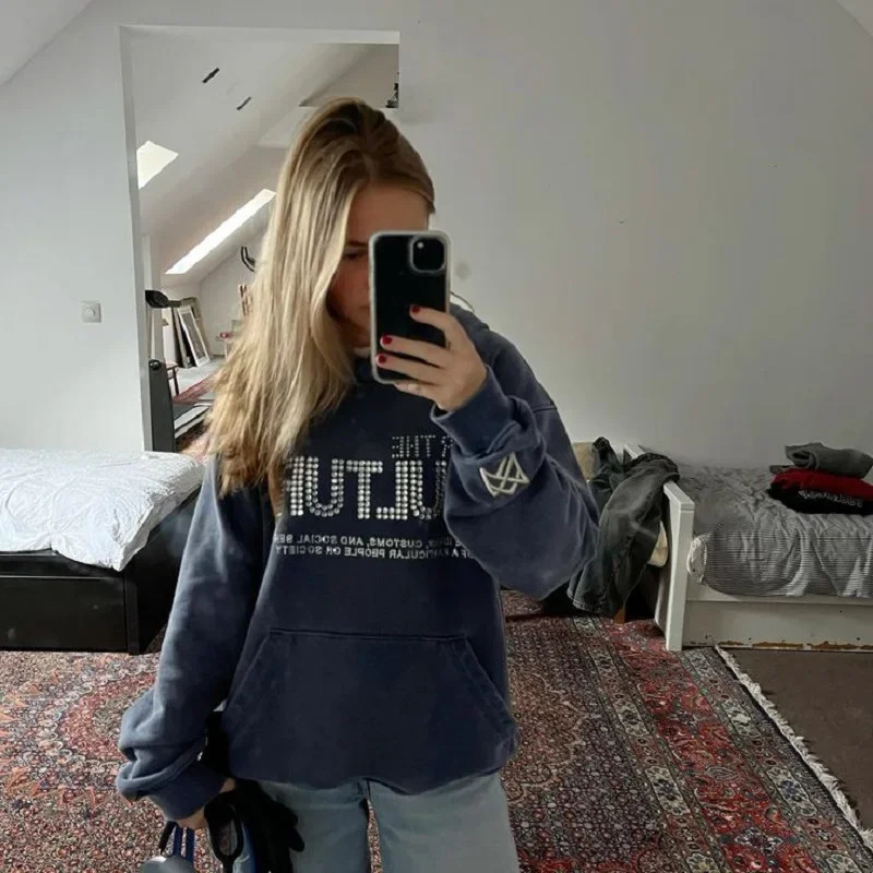 navy blue hoodie loose and warm Y2K letter diamond fashionable personalized retro style 241009