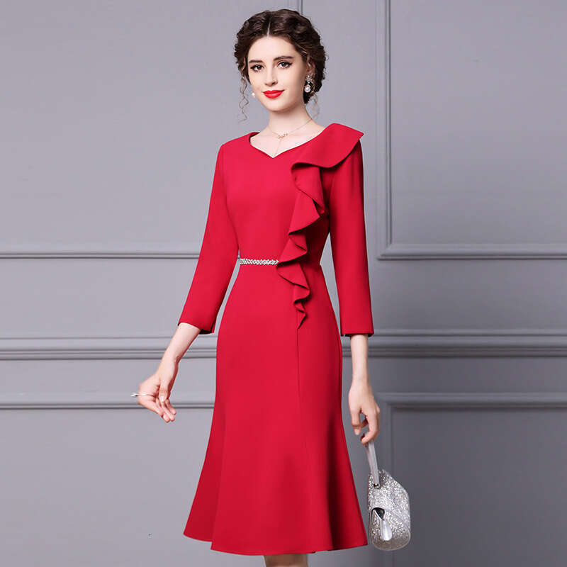 formal occasion dress 2024 autumn new red V-neck ruffled nine quarter sleeve slimming fishtail skirt