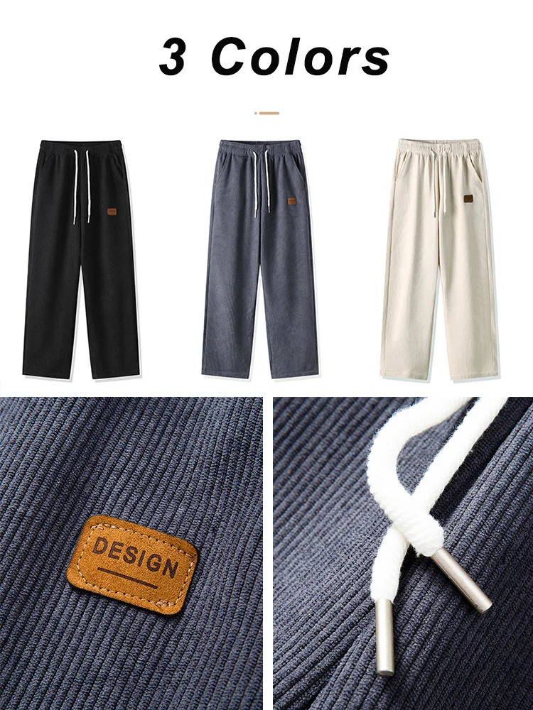 2023 Winter Corduroy Sweatpants Men Drawstring Fleece Lined Thick Warm Wide Leg Straight Casual Pants Male Loose Trousers 241009