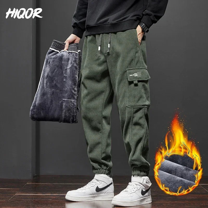 HIQOR Y2K Retro Pocket Pants Winter Thick Warm Mens Wool Cargo Ankle Length Jogger Harem Pants Extra Large Pants 241007