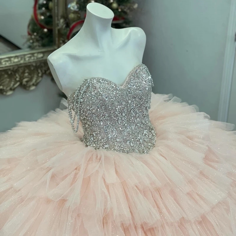 Sparkly Pink Quinceanera Dresses Off The Shoulder Ball Gowns Sequined Beads Tull Tiered Birthday Party Dress Vestidos De 15 Anos Sweet 16 Dress
