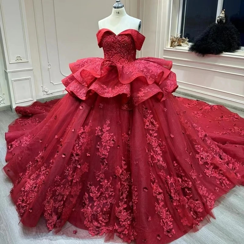 Red Shiny Off the Shoulder Ball Gown Quinceanera Dresses Corset Applique Lace Beaded Formal Lace Up Princess Sweet 16 Dress Vestidos 15 XV Anos