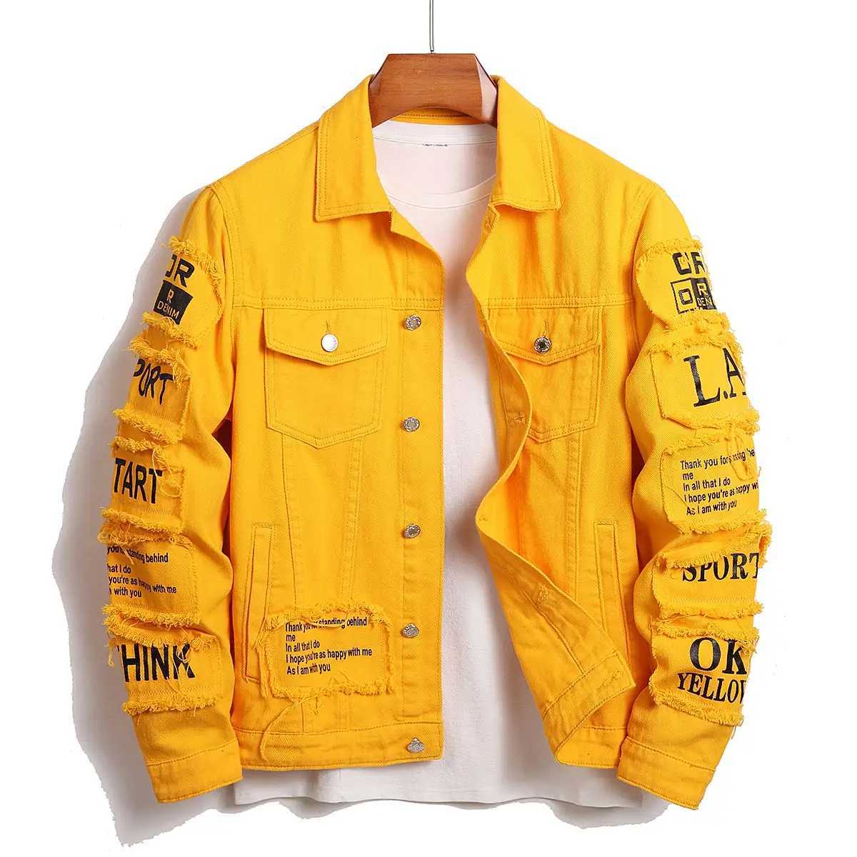 Mens y2k denim jacket with patch windproof cotton truck stretch denim jacket denim hiking letter motorcycle jacket W241011
