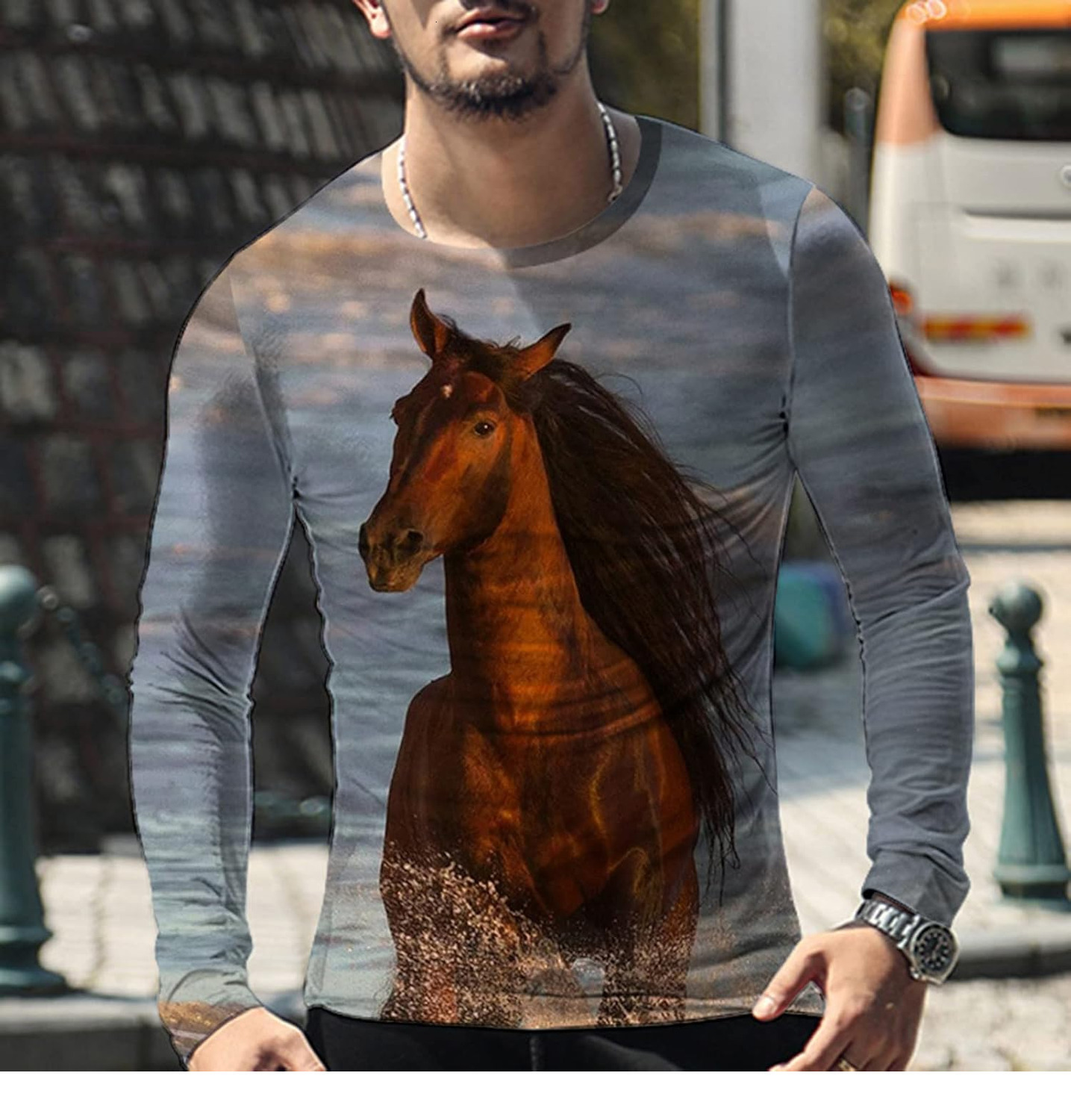 Long Sleeve Shirts for Men sweatshirt Men's Daily Tops 3D Horse Printed Tshirt Long Sleeve Crewneck Lightweight Pullover Casual Animal Graphic co