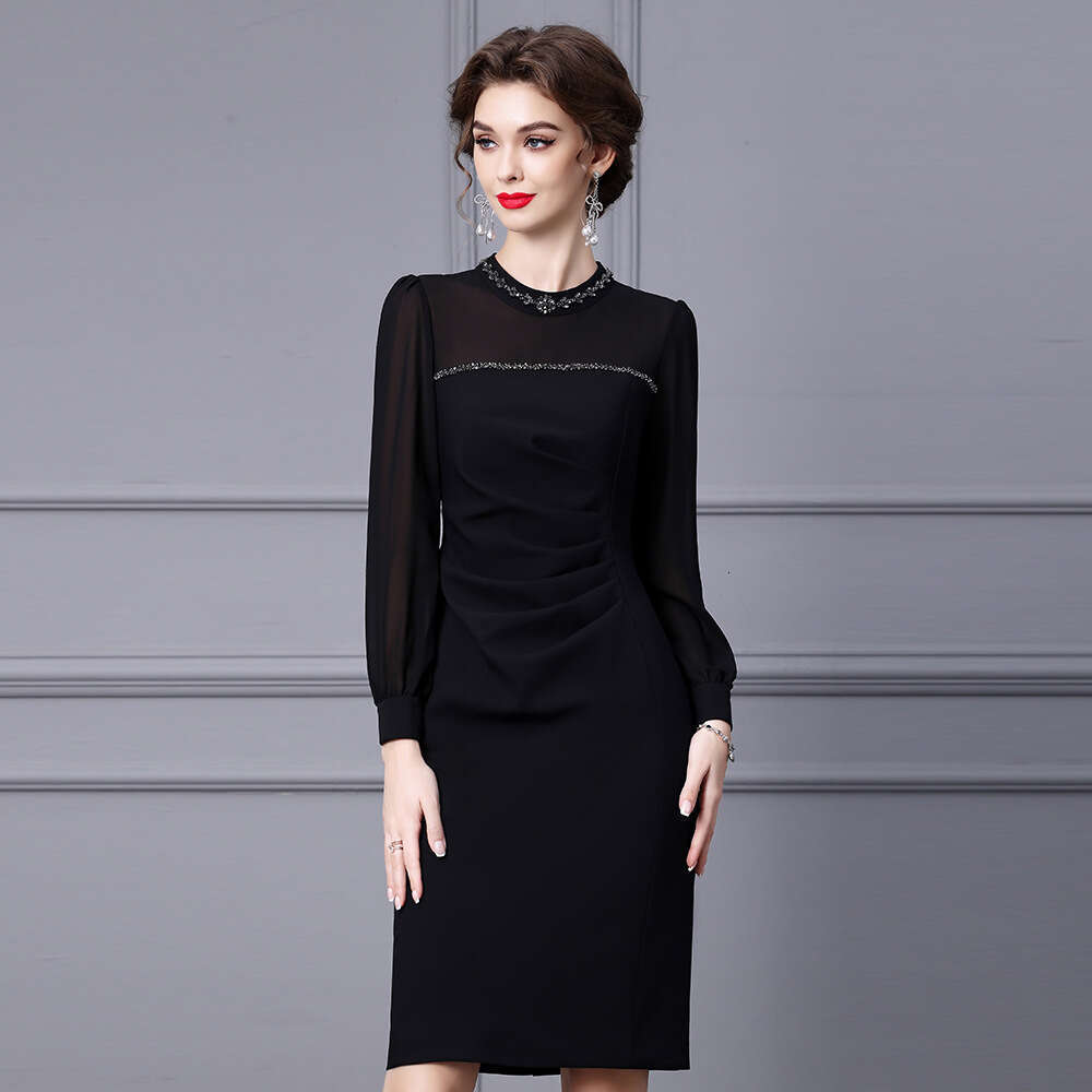 long sleeved dress for women 2024 new autumn outfit bubble sleeves stand up collar studded diamonds paired with a coat to show off thinness and wrap