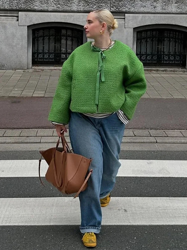 Bow Tweed Jacket Coat Green Lace Up Cardigan Womens Spring Autumn Short Overcoat Loose Casual Round Neck Top Slimming Outwear 241011