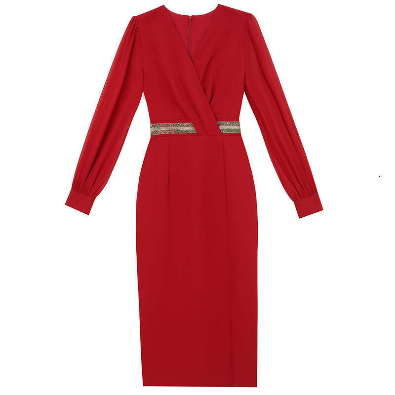 Autumn Womens 2024 New V-neck Dress Small Red Waist Collection Fashionable Long Sleeve Skirt