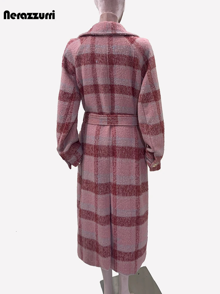 Nerazzurri Autumn Winter Long Oversized Colorful Thick Warm Soft Plaid Woolen Coat Women Double Breasted Wool blends Overcoat 240930