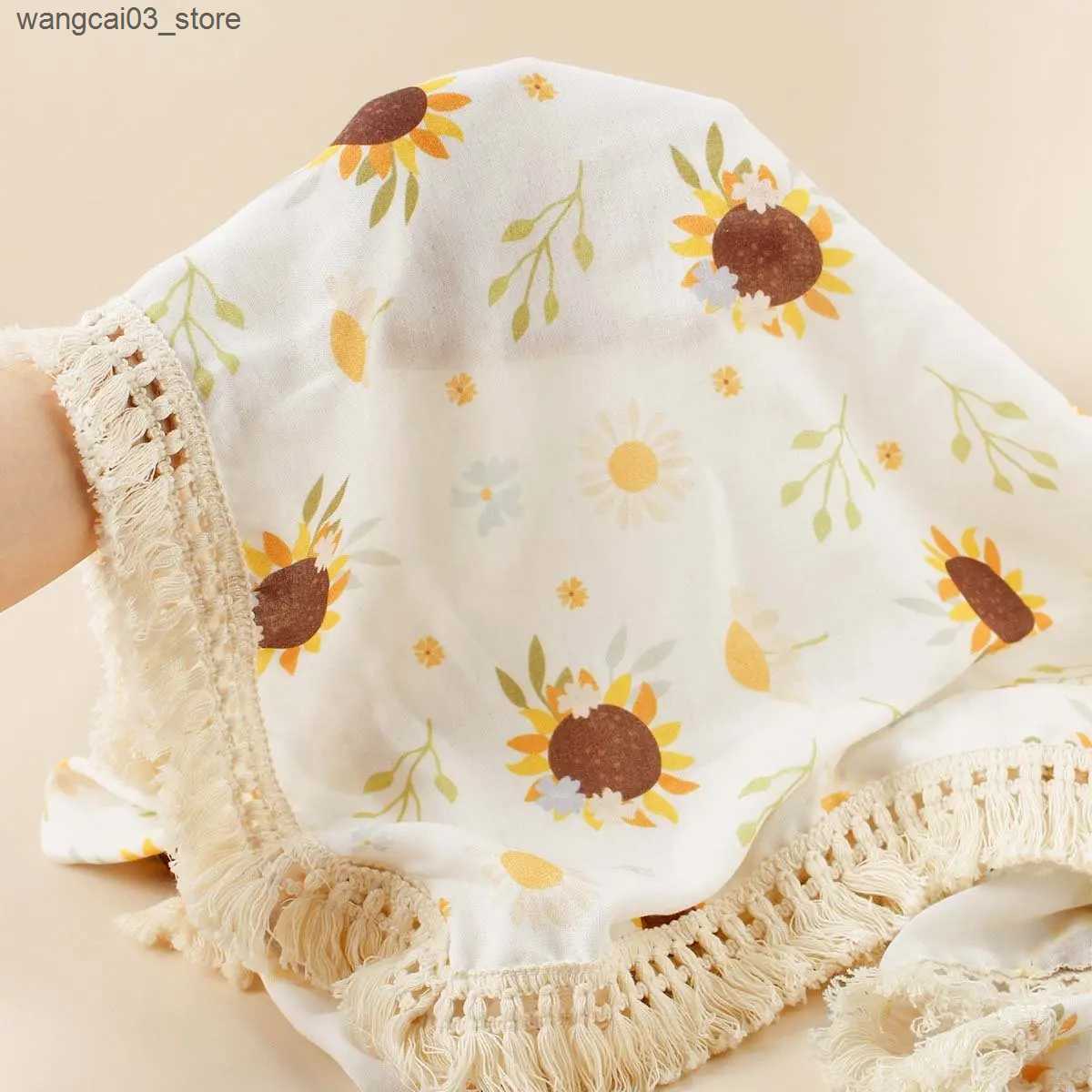 Blankets Swaddling Cotton Muslin Baby Blanket Double Layers Sunflower Gauze Newborn Tassel Swaddle Blanket Wrap Kids Nursery Quilt Bedding L240910