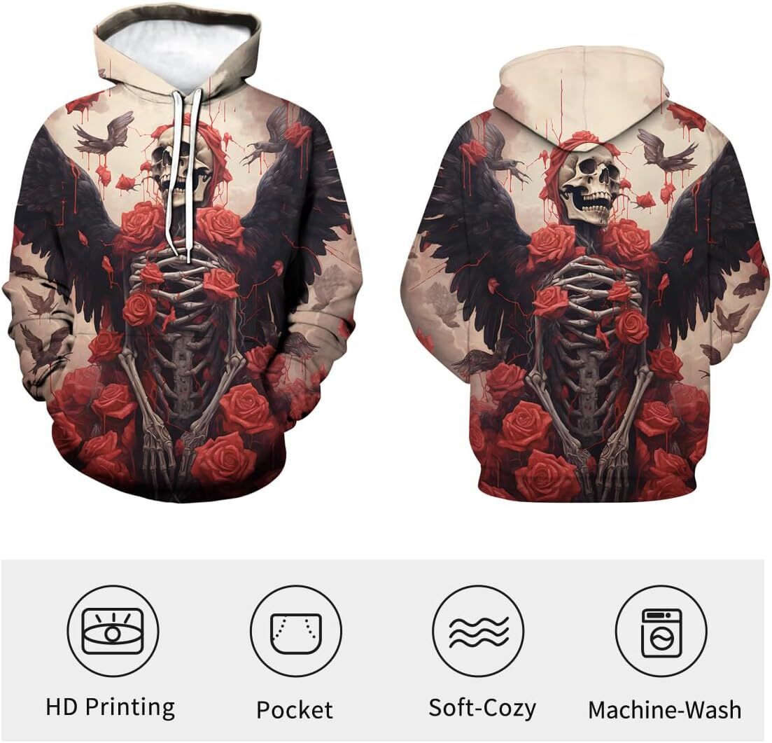 Hoodie for Mens Womens Vintage Demon Rose Skeleton 3D Printing Hoodies Hooded Psychedelic Floral Skull Hoodie Sweatshirts Graphic Pullover Long Sleeve