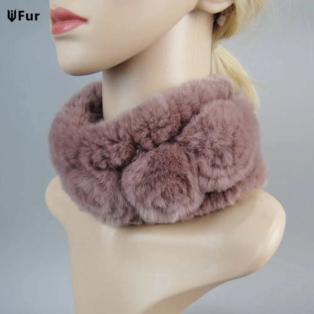 Winter Women Real Fur Handmade Stretch Fur Scarf Knit Genuine Rex Rabbit Fur Headbands Girls Natural Fur Ring Scarves 241009