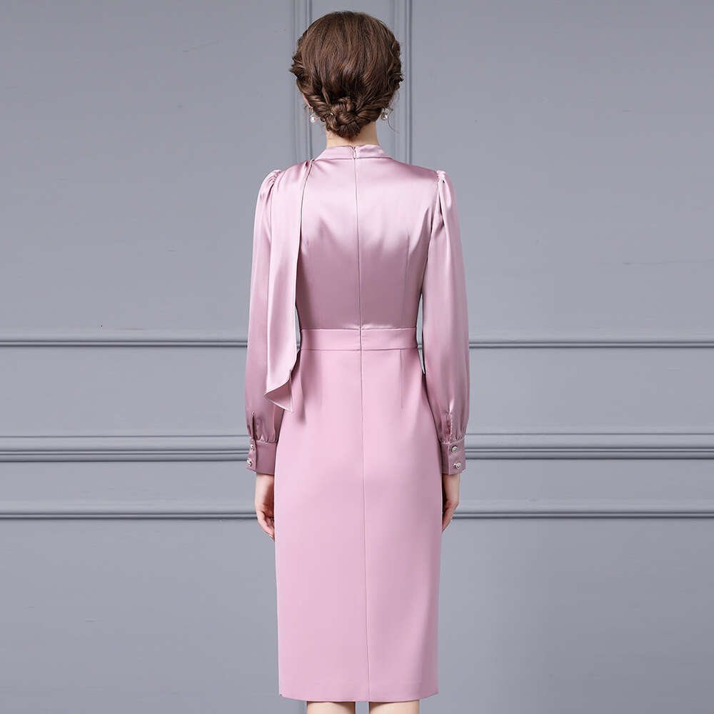 unique chic design with floating collar pink drape a hip hugging dress 2024 new style light and mature temperament