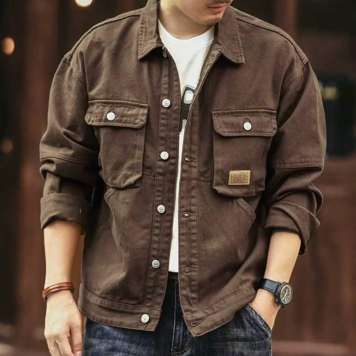 Mens denim jacket cargo button plus size brown denim jacket mens style wearing Korean popular clothing lowest price W241011