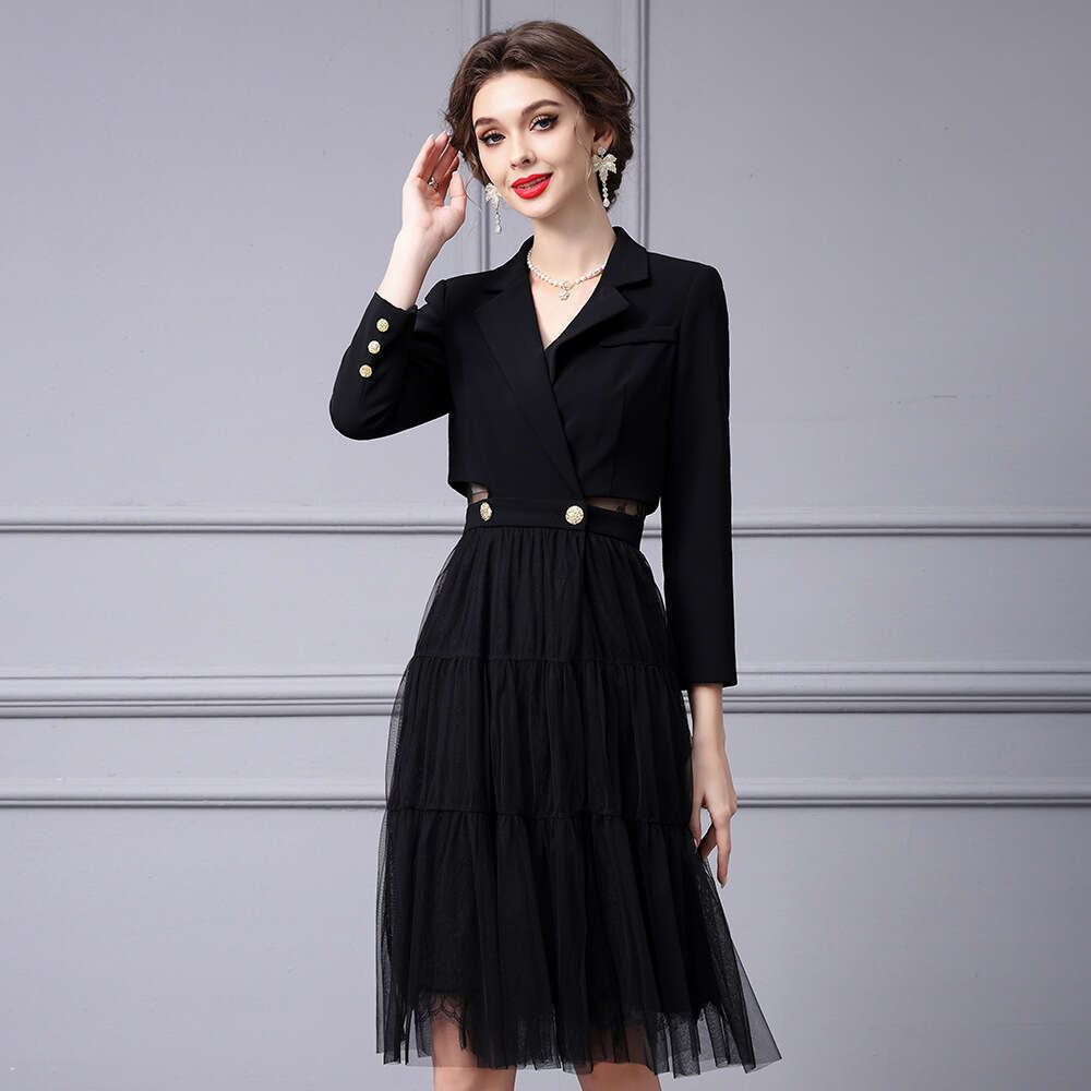 Mesh Splicing Suit Skirt 2024 New Black High Grade Waist Dress with Large Swing Elegant Goddess Style