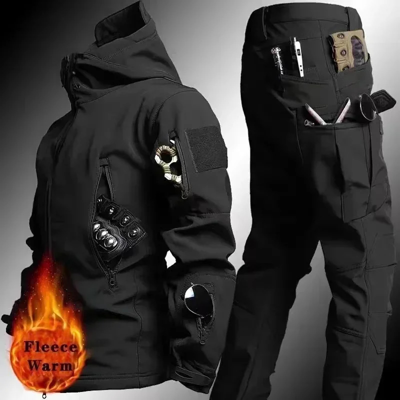 Tactical Winter Set Mens Outdoor Windproof and Waterproof Multi Pocket Soft Shell Hooded Jacket Shark Work Pants 241008