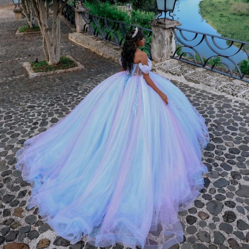 Sky Blue Lilac Shiny Quinceanera Dresses Lace Applique Tull Lace-Up Sweet 16 Off the Shoulder Ball Gown Vestido De 15 Anos
