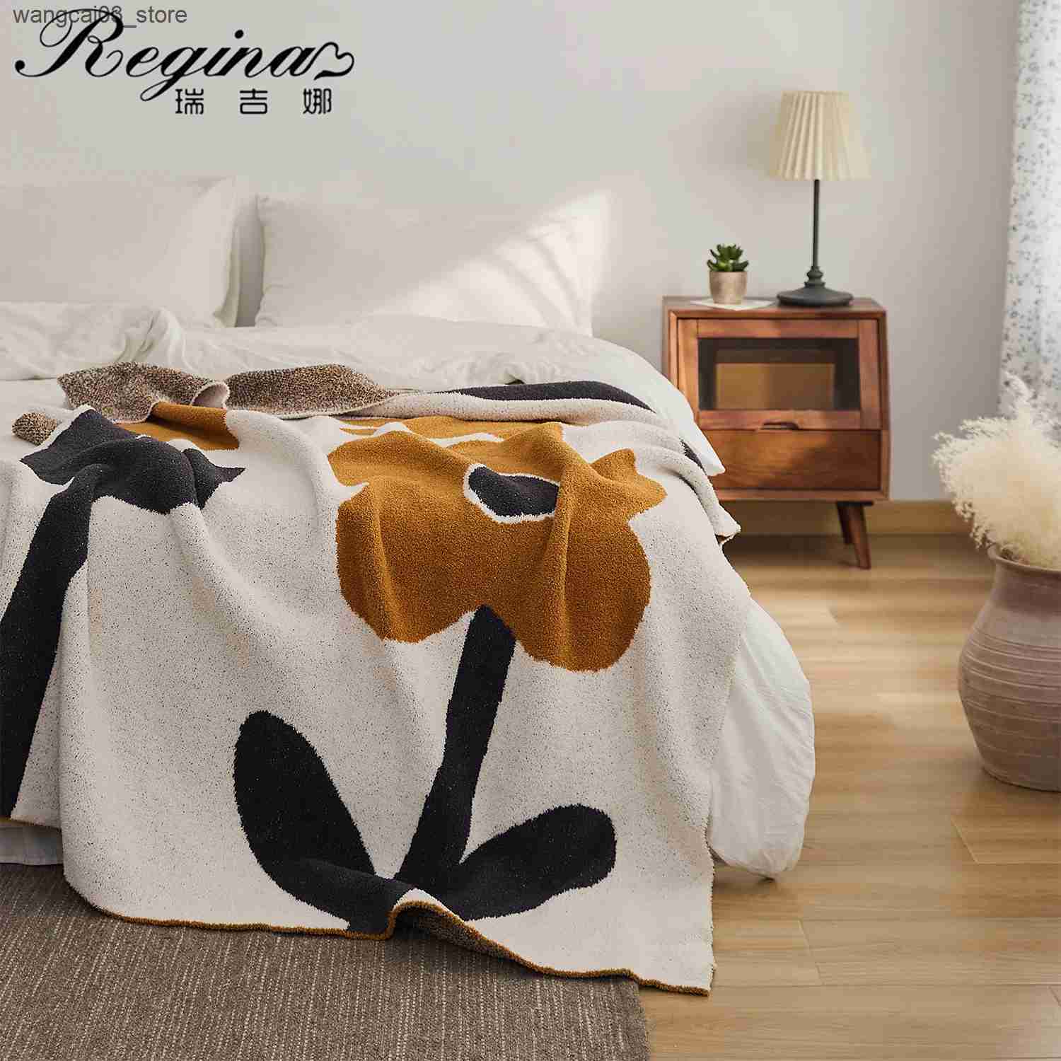 Blankets Swaddling REGINA Soft Microfiber Floral Knitted Blanket Spring Boho Decor Cozy Hairy Downy Bed Throw Blanket Outdoor Travel Car Blanket L2409