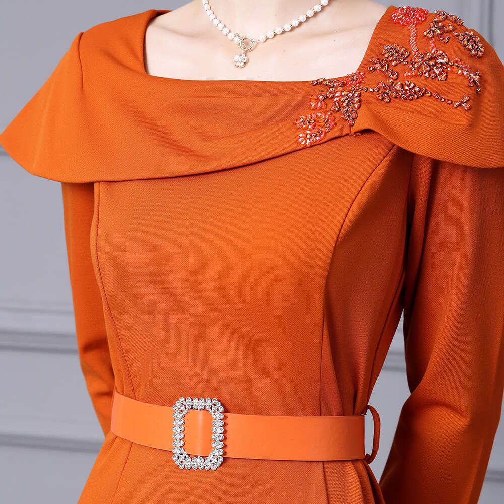 long sleeved dress for women in autumn 2024 new square neck cape nail drill mid length pear shaped figure A-line skirt