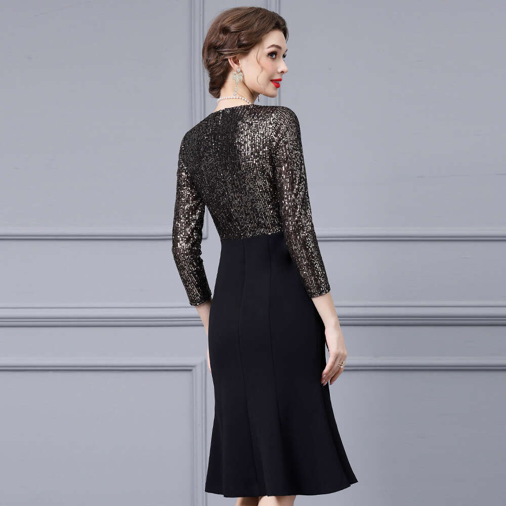 Heavy Industry sequin splicing V-neck cover belly slimming high-end mature temperament noble lady dress autumn style