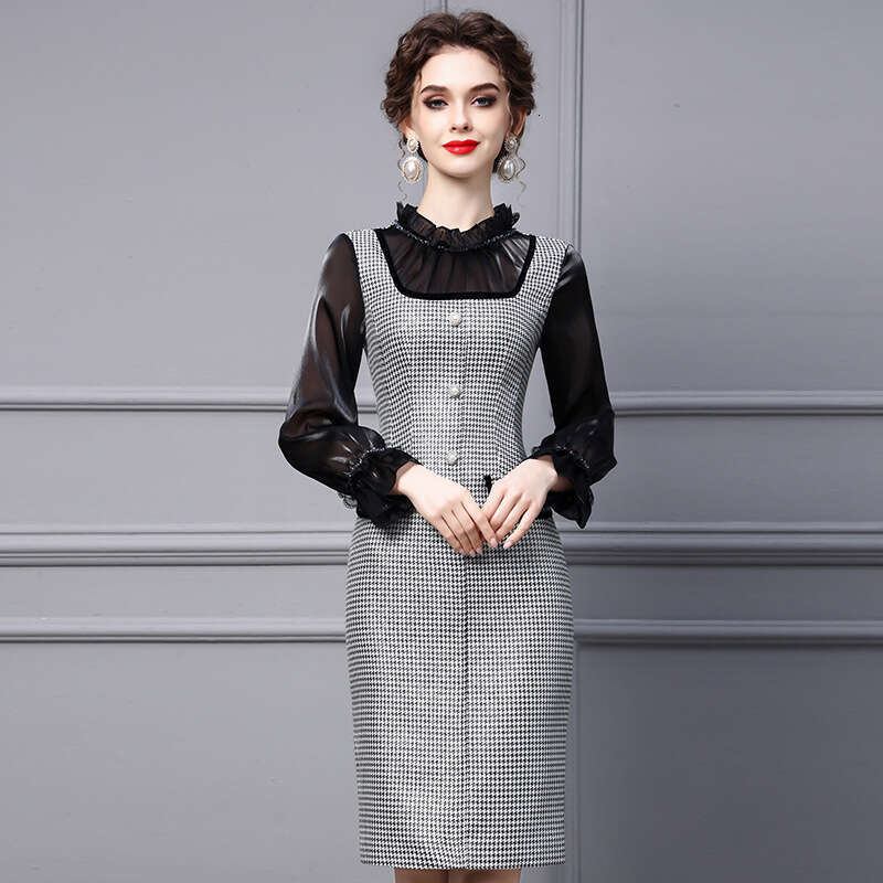 French Dress 2024 Autumn New Style High end Wood Ear Standing Collar Nail Bead Temperament Bag Hip Skirt