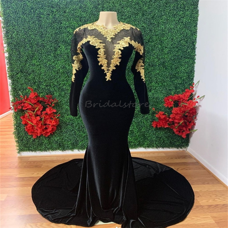 Graceful Black And Gold Prom Dresses Open Back Velvet Mermaid Evening Dress Beautiful Long Sleeve Plus Size Formal Dinner Party Dress Applique Lace Ve