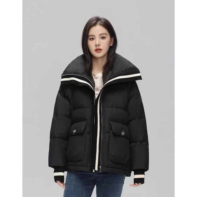 Womens down jacket black winter Korean fashion Y2K style streetwear fashionable warm womens jacket cotton beige jacket 241009