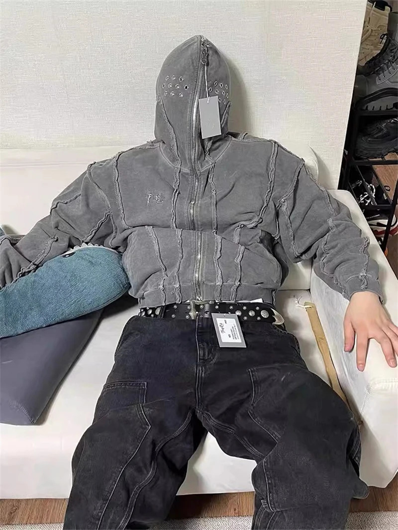 Y2K THUG CLUB VIBE Wash Wax Dyed Zipper Shark Masked Hoodie Short hoodie Mens Fashion Casual Loose Top High Street Korean Style 241011