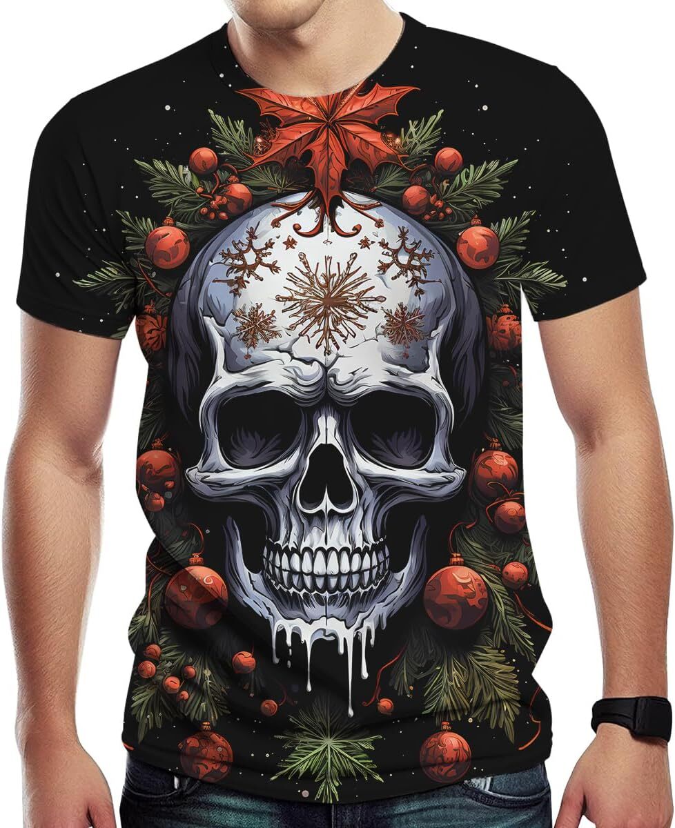 Mens T shirt Vintage Christmas Colorful Pattern Skeleton Cool Graphic T-Shirts Shirt Christmas Tree Skull Tee Top, Small, Red graphic tee Casual tops 