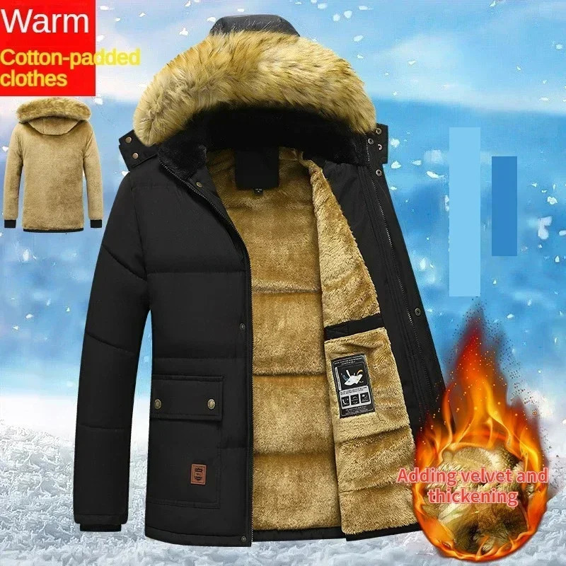 mens winter and autumn work clothes Parka black wool lining thick hooded fur collar jacket mens size 5XL plush jacket 241007