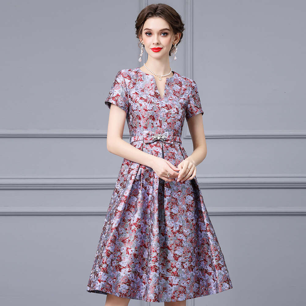 French elegant temperament V-neck jacquard fabric waist cinching slimming A-line printed dress 2024 autumn new item