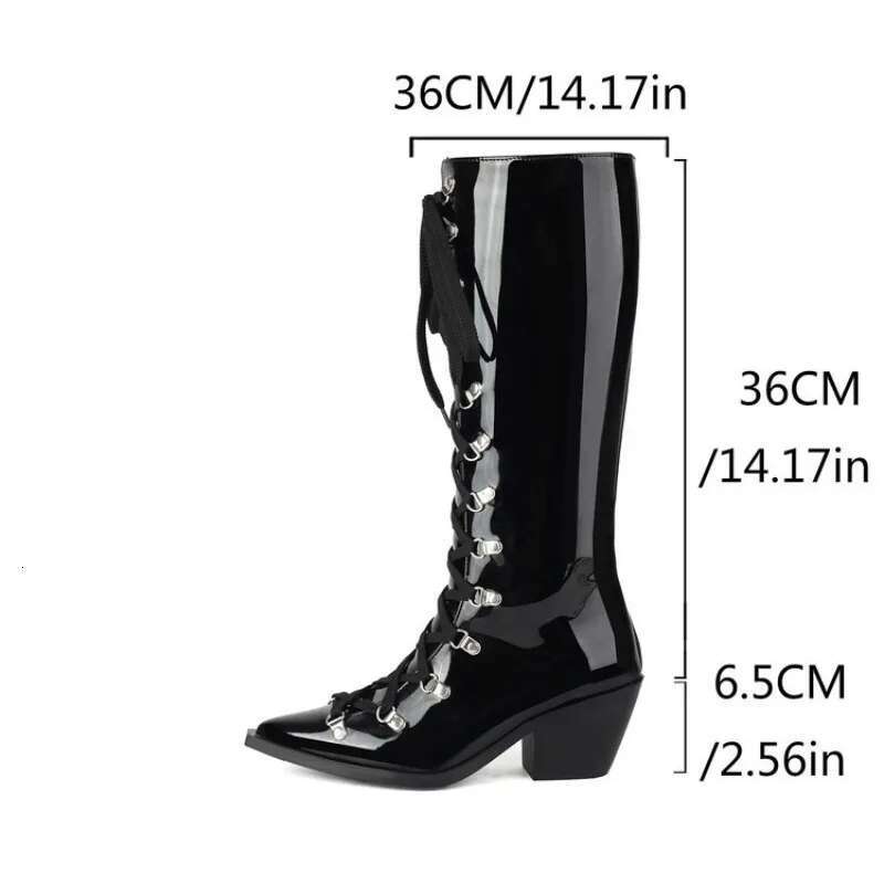 2024 European And American Style Patent Leather Pointed Toe Thick Front Lace Up For Women's Fashion Cross Tie Long Boots
