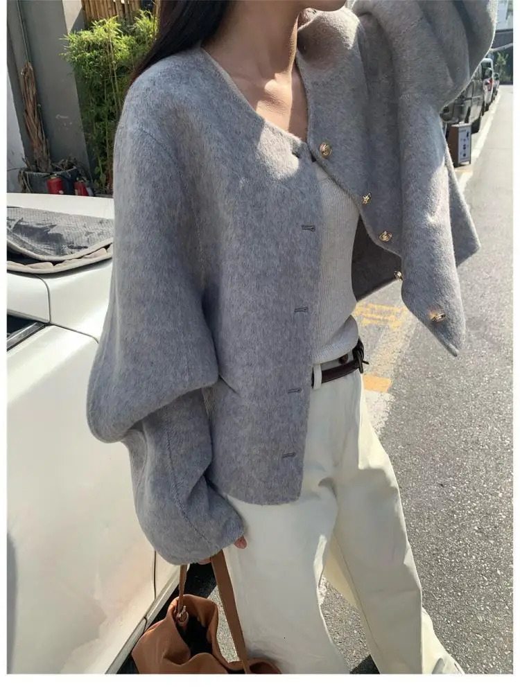 Short Woolen Jackets 2023 AutumnWinter KoreanStyle Metal Single Breasted Round Neck Loose Rabbit Hair Women Wool Coats 240930