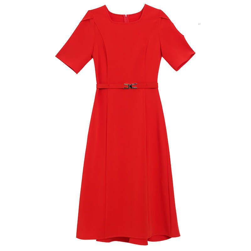 commuting slimming dress 2024 new womens summer temperament square neck red short sleeved waist A-line skirt