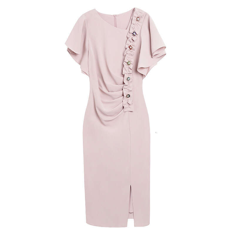 French niche for women 2024 new color nail drill pleated waist slimming yellow dress