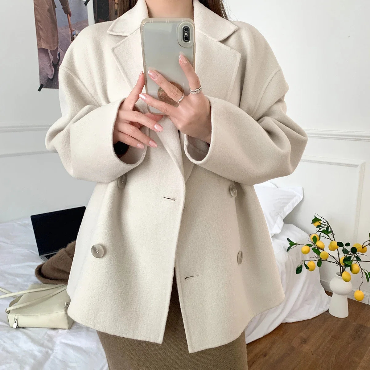 2023 Autumn Doublebreasted Wool Blend Short Women Coat 241008