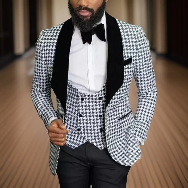 Slim Fit Plaid Suits For Men African Style Wedding Tuxedo 3 Pcs Shawl Lapel Groom Check Prom Blazer (Jacket + Pants + Vest) 2024