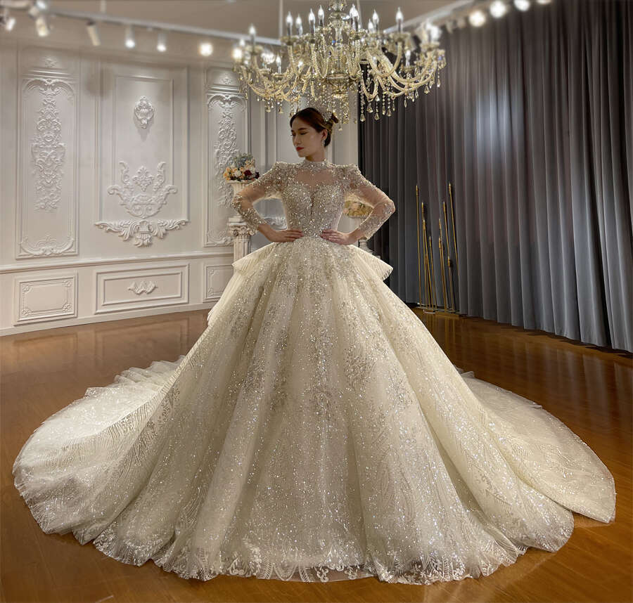 Long Sleeves Lace Bridal Dress Glitter Fabric