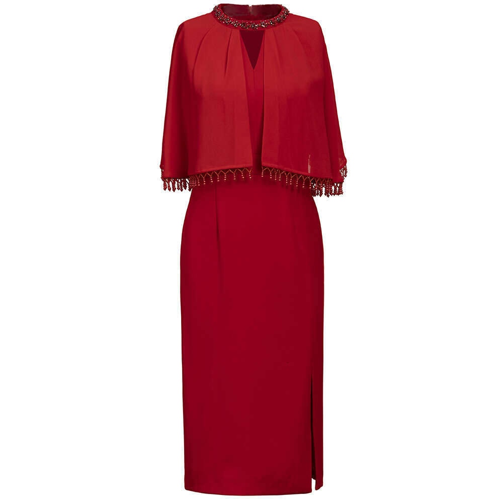 Smart stylish dress exuding an elegant figure socialite temperament. Tassel cape shawl and hip hugging dress