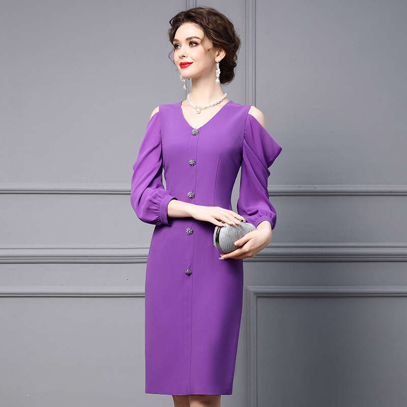temperament goddess style 2024 autumn new purple off shoulder long sleeved V-neck formal occasion dress