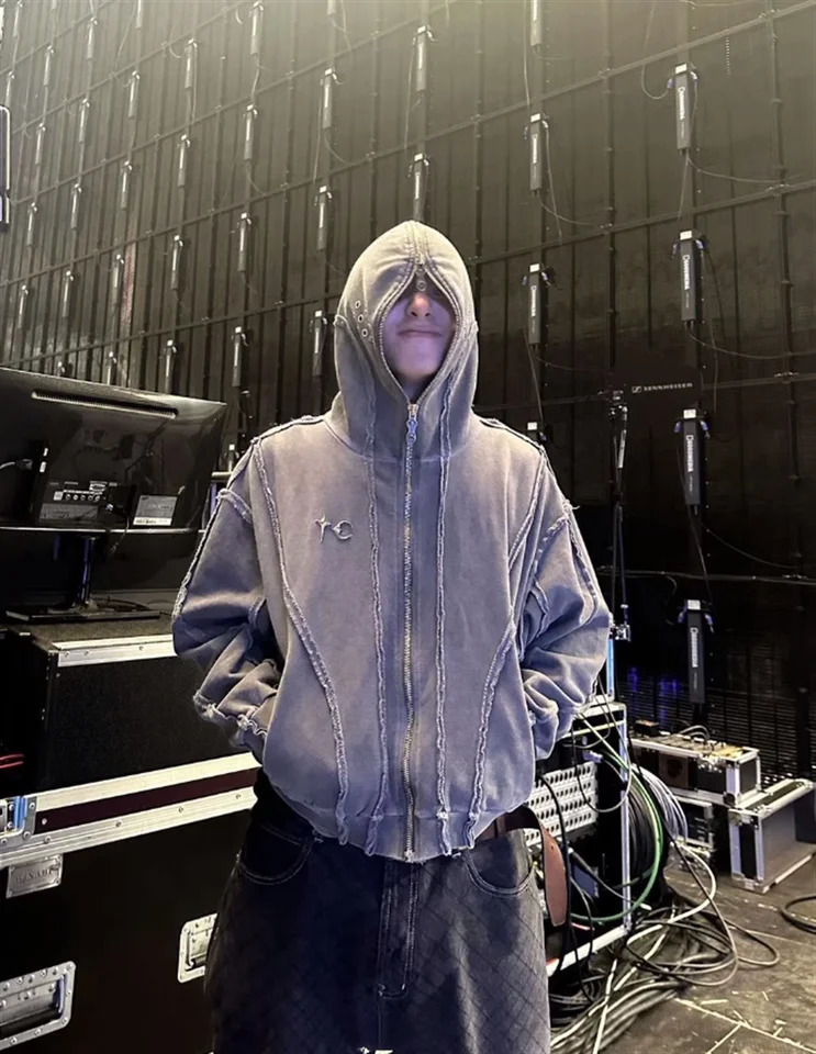 Y2K THUG CLUB VIBE Wash Wax Dyed Zipper Shark Masked Hoodie Short hoodie Mens Fashion Casual Loose Top High Street Korean Style 241011