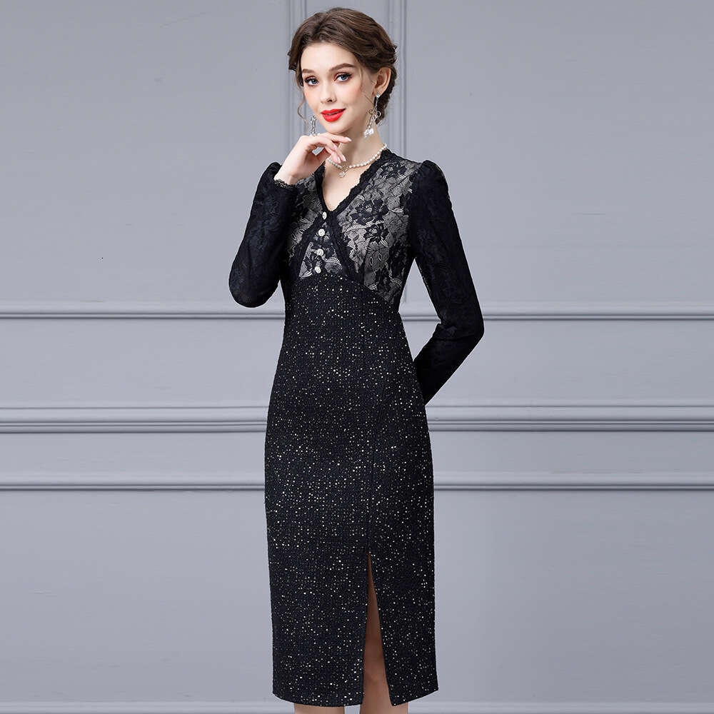Black Lace Splicing Coarse Floral Bun Hip Skirt Mature Light Luxury Noble Womens Split Dress 2024 Autumn