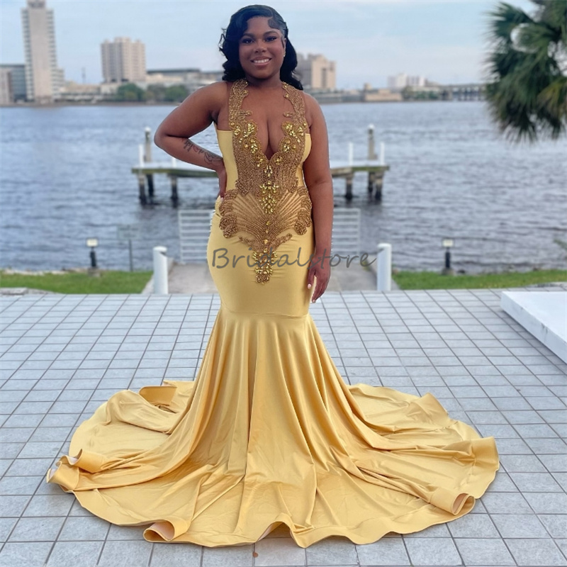 Gold Rhinestone Mermaid Prom Dresses For Black Women O Neck Plus Size Beaded African Evening Dress 2025 Sweep Train Birthday Diamond Special Occasion 