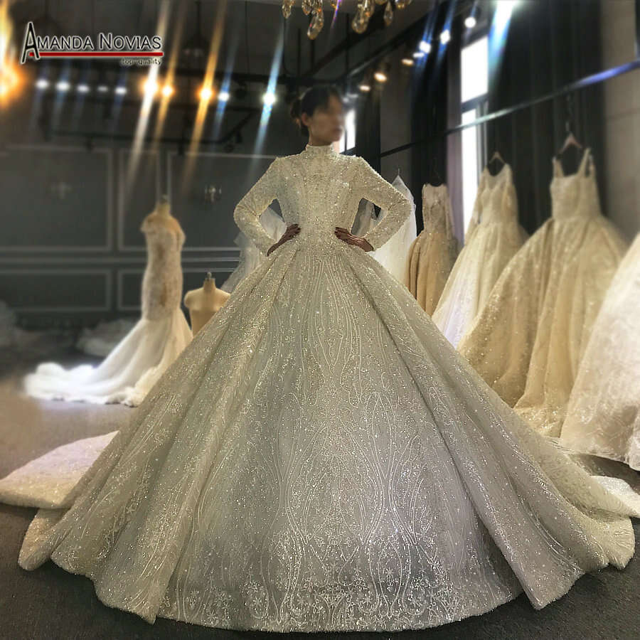 New Design Beaded Fabric Ball Gown Muslim Wedding Dress real work