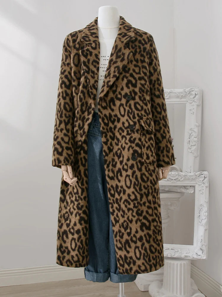 Lanmrem Leopard Print medium length wool coat suitable for women warm in winter durable niche loose clothing streetwear 32A391 241007