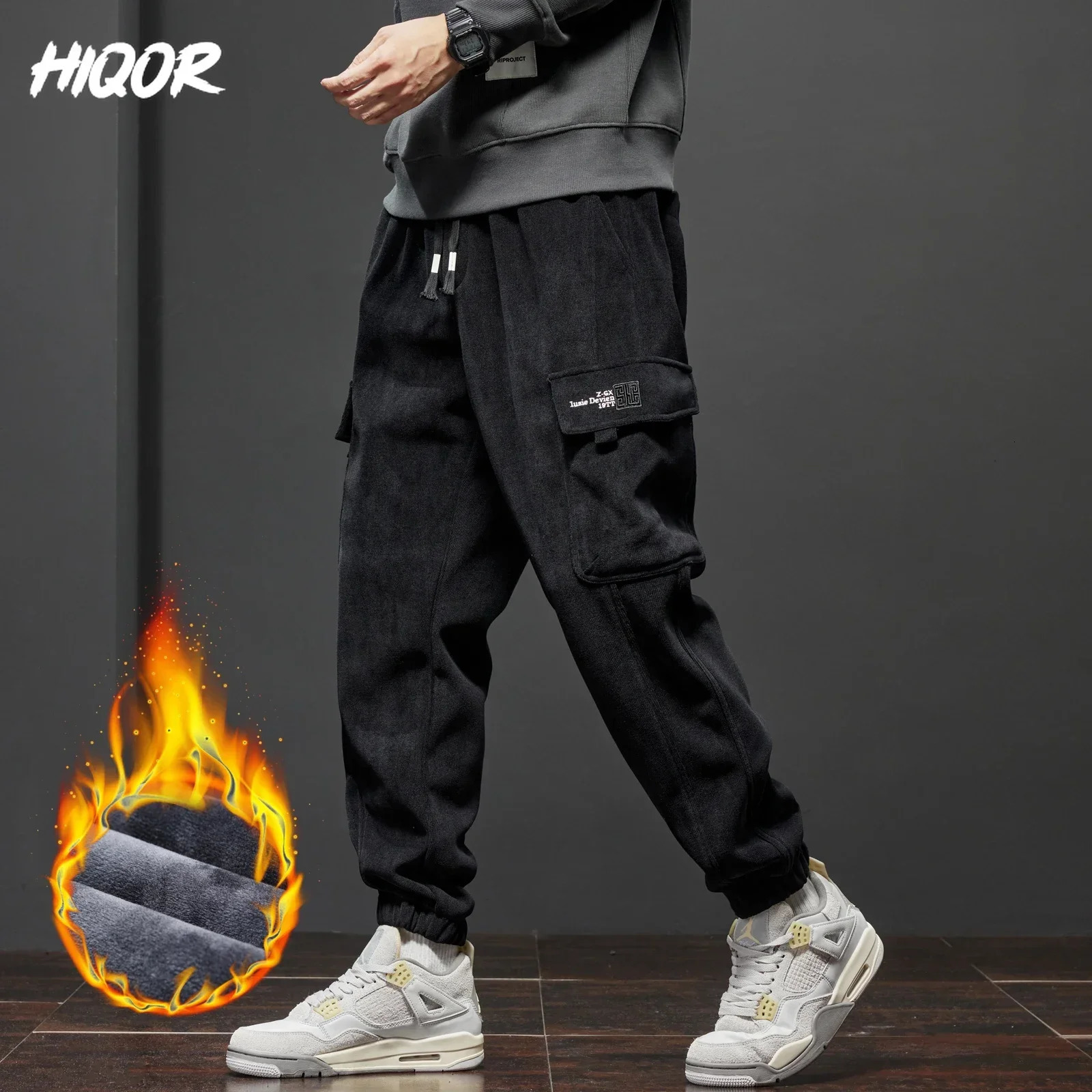 HIQOR Y2K Retro Pocket Pants Winter Thick Warm Mens Wool Cargo Ankle Length Jogger Harem Pants Extra Large Pants 241007