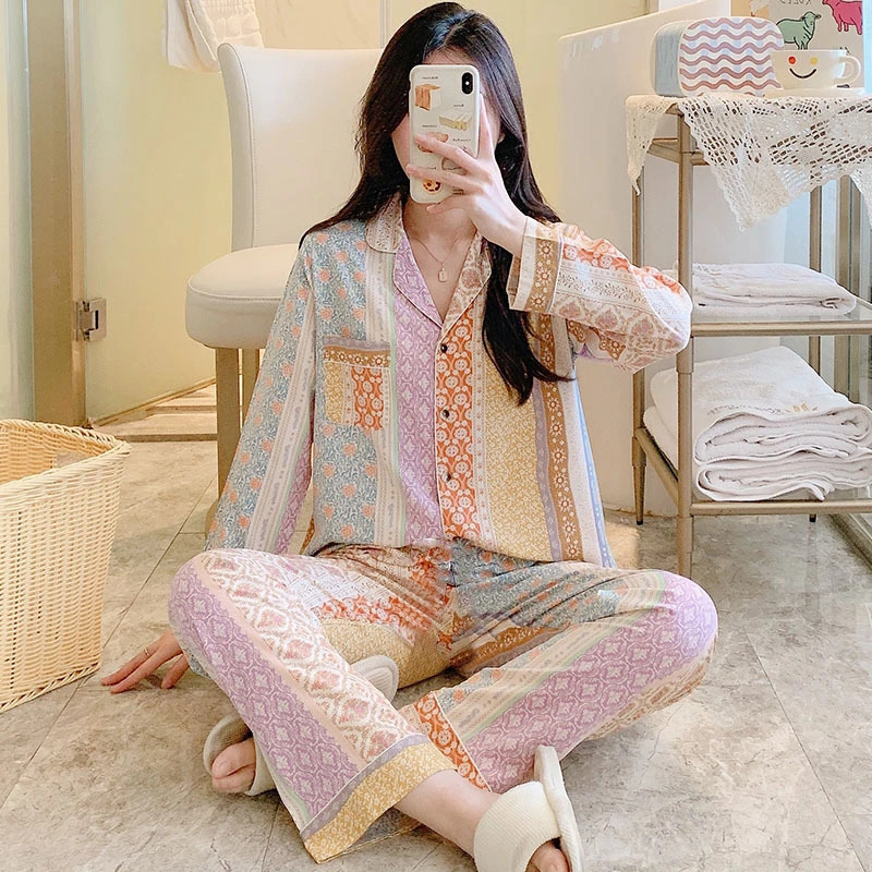 Womens Pajamas Autumn Printed Long Sleeve Casual Evening Dress Two Piece Pajama Set 241011