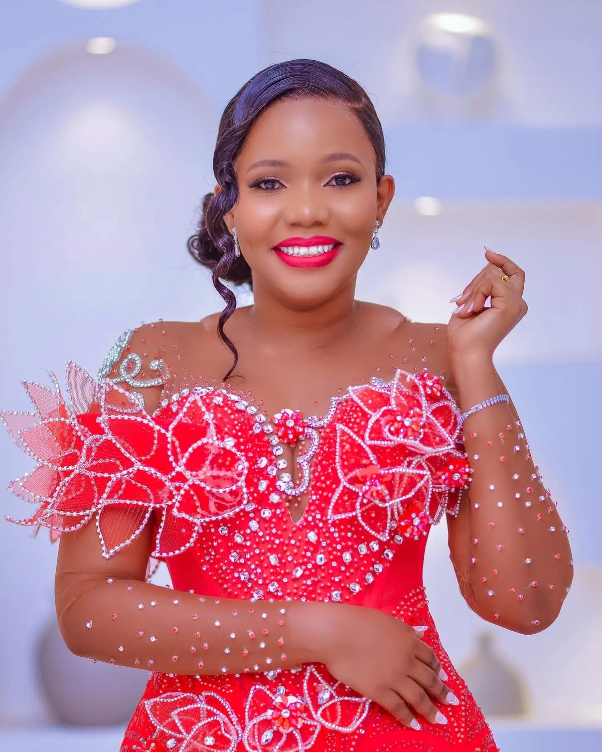 Aso Ebi 2024 Red Mermaid Prom Dresses Florals Rhinestones Sequined Lace Evening Formal Party Second Reception Birthday Gowns Dress For Special Occasio