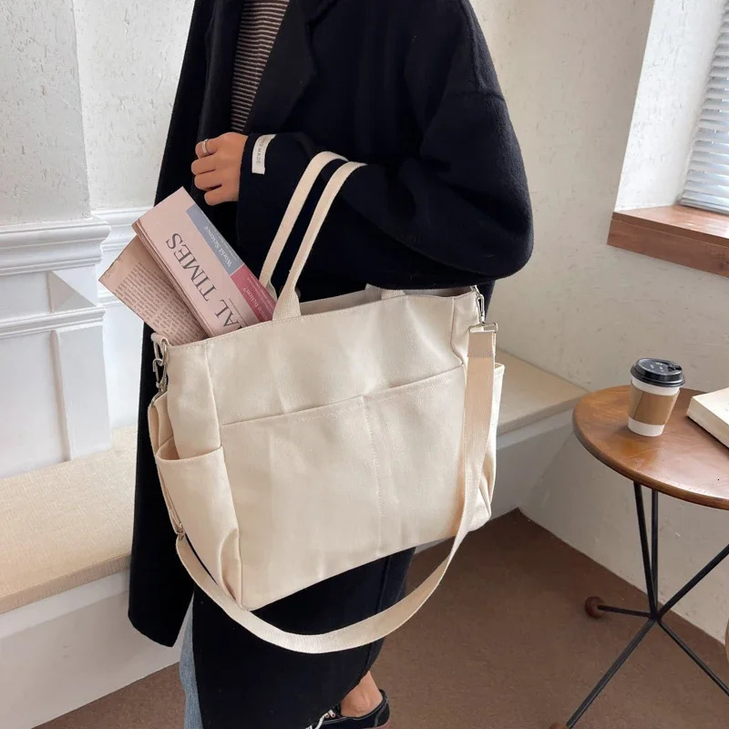 Womens Simple Literature Solid Color Ins Lazy Style Canvas Large Bag Korean Version Single Shoulder Horizontal Bag 241008