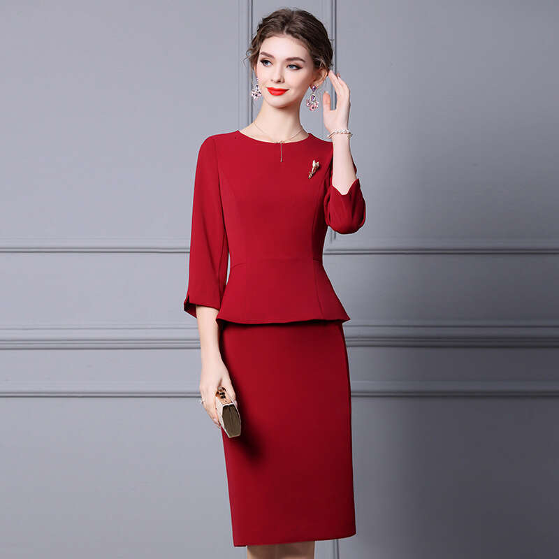 solid color dress 2024 autumn new item high-end fake two piece seven quarter sleeve western-style waist bag and hip skirt