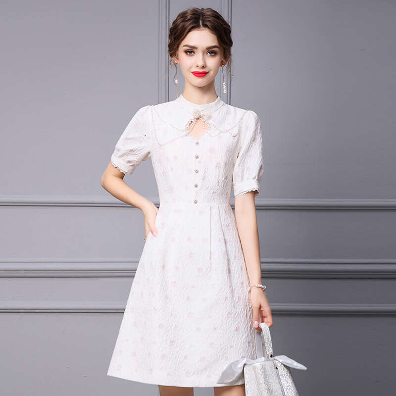 White Dress for Women 2024 Summer New Style Bubble Sleeve Aging Butterfly Pearl Jacquard High Waist A-line Skirt